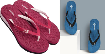 DASHNY Women Flip Flops(Blue, Tan , 9)