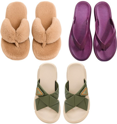 Shivaru trader Women Slippers(Brown, Purple, Green , 4)