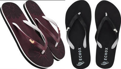 DASHNY Women Flip Flops(Maroon, Black , 4)