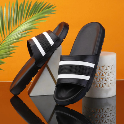 Shoe Island Men Slides(Black, White , 4)