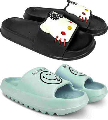 KAPYANSH Women Women Classic Trendy Flipflops, Slipper, Sliders, Chappal Combo Pack of 2 Slides(Black, Green , 5)