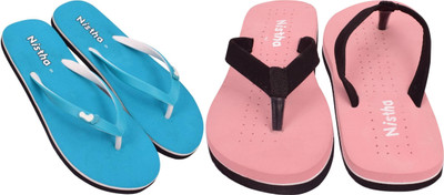 NISTHA Women Flip Flops(Blue, Orange , 8)