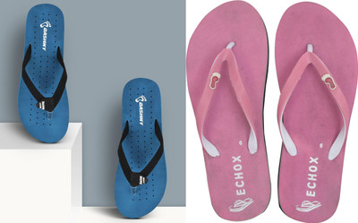 DASHNY Women Flip Flops(Blue, Pink , 5)
