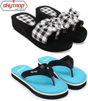 Feens Women Slippers(Black, Blue , 4)