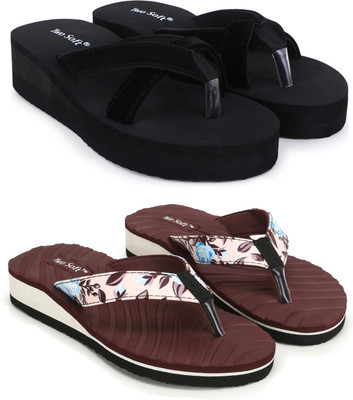 TWO SOFT Women Pack Of 2 Combo Stylish Extra Comfort Lightweight Dailywear Used Flip Flops(Black, Maroon , 7)