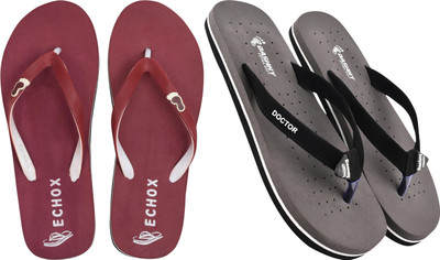 DASHNY Women Flip Flops(Grey, Maroon , 6)
