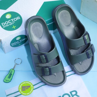 DOCTOR EXTRA SOFT Men Men's Classic Cushion Sliders/Slippers with Adjustable Buckle Strap Adult D-505 Slides(Olive 7)
