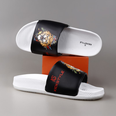KICKSTYLE Men Slides(White, Black , 6)