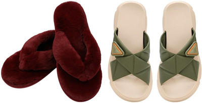 Shivaru trader Women Slippers(Maroon, Green , 8)