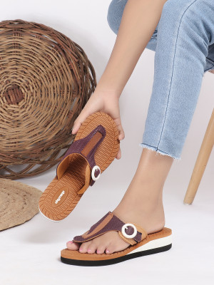 Skytrap Women Flip Flops(Brown , 8)