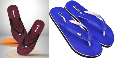 DASHNY Women Flip Flops(Maroon, Blue , 6)