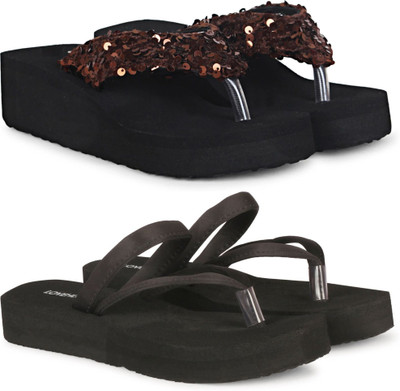 LoveHush Women Flip Flops(Black, Maroon , 5)
