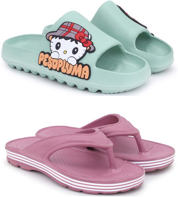 KAPYANSH Women Women Classic Trendy Flipflops, Slipper, Sliders, Chappal Combo Pack of 2 Slides(Green, Orange , 8)