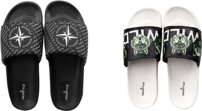 KICKSTYLE Men Slides(Black, White , 7)