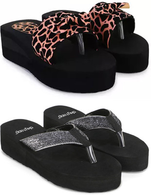 Skytrap Women Stylish Comfortable and Trending Medium Heel Flip Flops Combo of 2 Slippers(Brown, Grey , 5)