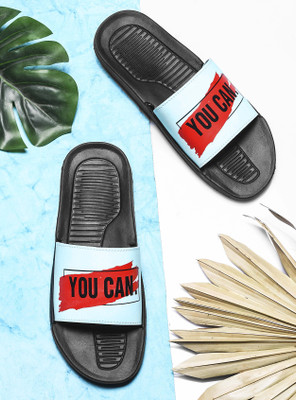 Foot Print Men Slides(Blue, Black , 8)