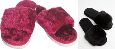 rexizone Women Flip Flops(Black, Maroon , 3)