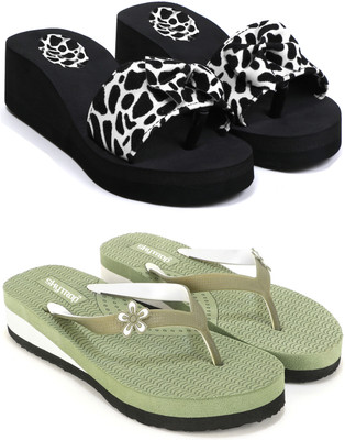 Feens Women Stylish and Comfortable Trending Light Weight Printed Flipflop Combo of 2 Flip Flops(White, Green , 5)