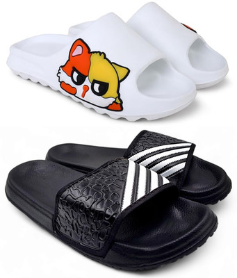 KAPYANSH Men Slides(White, Black , 9)