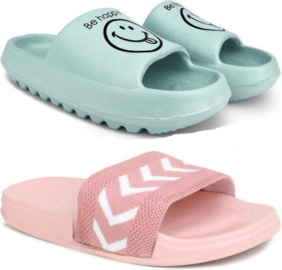 Pampy Angel Women Women Classic Trendy Flipflops, Slipper, Sliders, Chappal Combo Pack of 2 Slides(Green, Pink , 5)