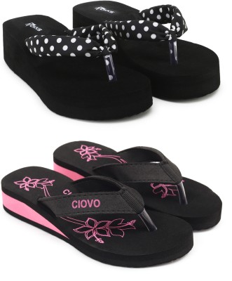 Ciovo Women Slippers(Black, Pink , 8)