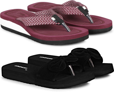 LoveHush Women Flip Flops(Black, Maroon , 5)