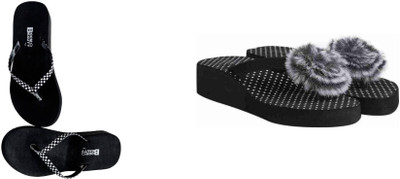 BOOMBEAUTY Women Flip Flops(Black , 5)
