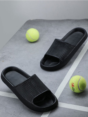 Footsace Men Slides(Black , 7)