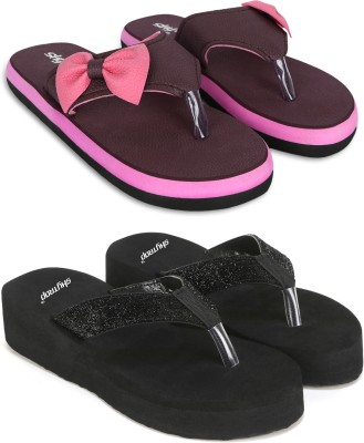 Feens Women Slippers(Pink, Black , 4)