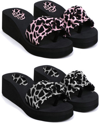 Skytrap Women Stylish Comfortable and Trending Printed Flip Flops Slide Combo of 2 Slippers(Pink, Black , 8)