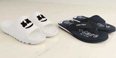 Shoepro Men Slides(Off White, Black , 7)
