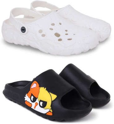 KAPYANSH Men Slippers(White, Black , 6)