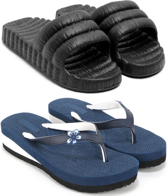 Feens Women Flip Flops(Black, Blue , 7)