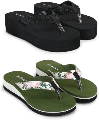 TWO SOFT Women Pack Of 2 Combo Stylish Extra Comfort Lightweight Dailywear Used Slippers(Black, Green , 5)