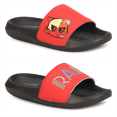 Foot Print Men Flip Flops(Red, Black , 10)