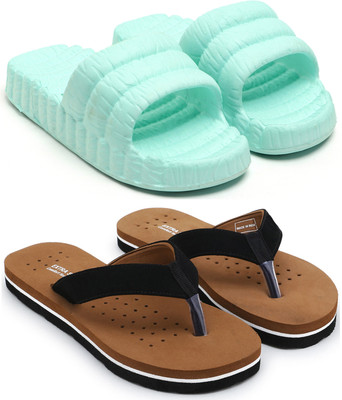 Bizwiz Women Flip Flops(Blue, Brown , 6)