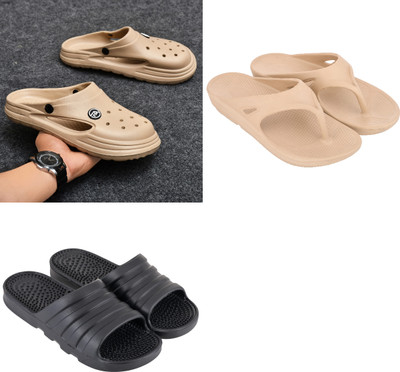 Feel alive Men Slippers(Beige, Black , 8)