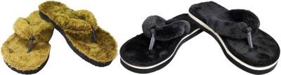 rexizone Women Flip Flops(Black, Green , 7)