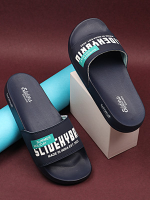 WELCOME Men Lightweight with Arch Support Durable Anti-Skid & Stylish Dailywear| Slides(Navy , 9)