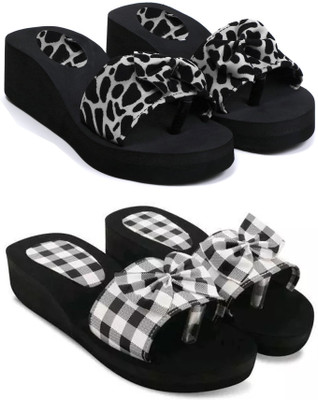 Skytrap Women Stylish Comfortable and Trending Checkered Flip Flops Combo of 2 Slides(Black , 5)