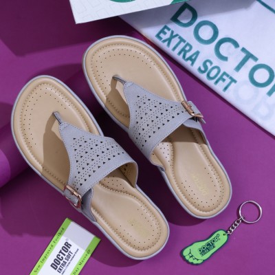 DOCTOR EXTRA SOFT Women Flat Memory Foam Slippers/FlipFlops Comfortable Sandals Adjustable Strap Slippers(Grey 8)