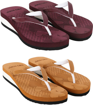TWO SOFT Women Pack Of 2 Combo Stylish Extra Comfort Lightweight Dailywear Used Slippers(Maroon, Brown , 5)