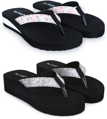 TWO SOFT Women Slippers(Black, Silver , 4)