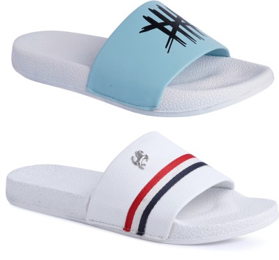 CLOSHO Men Slides(White, Blue , 7)