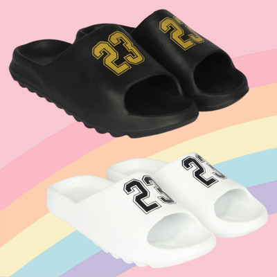 Fuliva Men Slides(Black, White , 8)