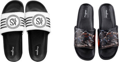 KICKSTYLE Men Slides(Black, White , 6)