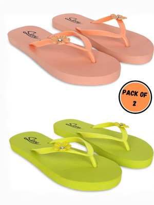 SICCO Women Flip Flops(Pink, Green , 5)