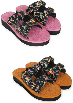 HOC Women Slippers(Pink, Brown , 8)