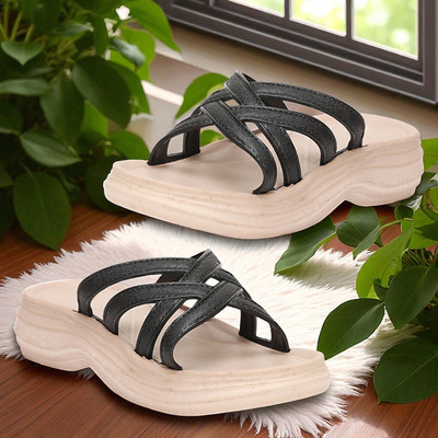 WOCMEC Women Slippers(Black, Beige , 7)