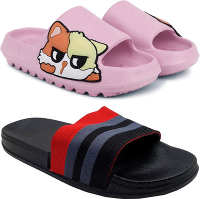 Kapani Fashion Women Women Combo Pack of 2 Lightweight Flipflops, Slipper, Slides (Pink, Black , 7) Slides(Pink, Black , 7)